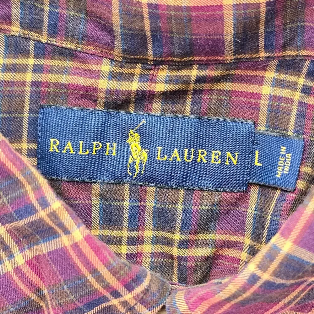 Polo Ralph Lauren Shirt Mens Large Burgundy Yellow Plaid Pony Long Sleeve Casual